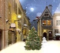 Snowy Christmas tree and snow man moon on night sky illuminated snow flakes festive bokeh light snowman on Town hall square