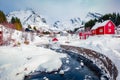 Snowy winter cityscape of Nusfjord town. Fabulous landscape of Norway, Europe.