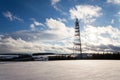 Snowy winter country with transmitters and aerials on telecommunication tower Royalty Free Stock Photo