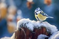 Snowy Winter with Cute Songbird - Blue Tit in Forest
