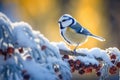 Snowy Winter with Cute Songbird - Blue Tit in Forest