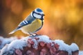 Snowy Winter with Cute Songbird - Blue Tit in Forest