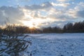 Snowy Winter Danube Backwater Landscape at Sunset