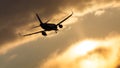 On a snowy winter evening, a jet plane lands at Sheremetyevo Airport in Moscow, Russia Royalty Free Stock Photo