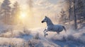 Majestic White Horse Galloping Through Snowy Forest at Sunrise Royalty Free Stock Photo