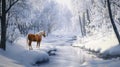 Majestic Chestnut Horse on Snowy Path in Frosted Winter Forest Royalty Free Stock Photo