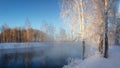 Snowy winter forest with shrubs and birch trees on the banks of the river with fog, Russia, the Urals, January Royalty Free Stock Photo