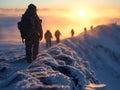 In The Snowy Winter, A Group Of People Walking On A Snowy Mountain