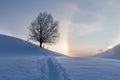 Snowy winter landscape in the alps, sunrise with halo phenomena