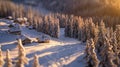 Snowy winter landscape, cold mountain forest. Nature travel near snowy house. Royalty Free Stock Photo