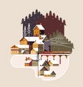 Snowy winter landscape with coniferous forest, pines, cottages and train.