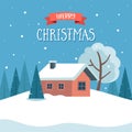 Snowy winter landscape with cute country house and trees, lettering. Vector illustration in flat style. Greeting card Royalty Free Stock Photo