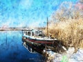 Snowy winter landscape on the Havel River in Havelland. Boat in water Royalty Free Stock Photo