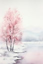 Snowy winter landscape. Misty forest and frozen lake. Watercolor painting Royalty Free Stock Photo