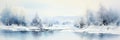 Snowy winter landscape. Misty forest and frozen lake. Watercolor painting Royalty Free Stock Photo