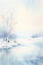 Snowy winter landscape. Misty scenery and frozen lake. Watercolor painting. Royalty Free Stock Photo