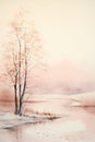 Snowy winter landscape. Misty scenery and frozen lake. Watercolor painting. Royalty Free Stock Photo