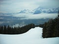 Snowy winter landscape in a mountain ski resort on a foggy day