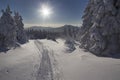 Snowy winter landscape in the mountains.