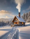 Snowy winter landscape with old wooden house and smoking chimney. Royalty Free Stock Photo