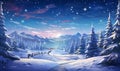 A snowy winter landscape with a path leading to a remote mountain village Royalty Free Stock Photo