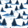 Snowy Winter Landscape Pattern with Blue Evergreen Trees. Royalty Free Stock Photo