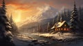 A snowy winter landscape with a quaint wooden cabin nestled