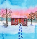 Snowy winter landscape with red cottage and brown trees. Hand drawn watercolor sketch. Blue, pink and yellow sun set sky. White Royalty Free Stock Photo