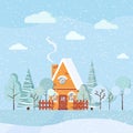 Snowy winter landscape scene with country house with chimney smoke Christmas vector background illustration. Royalty Free Stock Photo