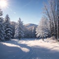 A snowy winter landscape with trees covered in snow on a sunny day.