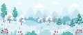 Snowy winter landscape with trees, mountains, fields. Countryside landscape. Winter background. Vector illustration. Royalty Free Stock Photo