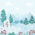 Snowy winter landscape with trees, mountains, fields. Countryside landscape. Winter background. Vector illustration. Royalty Free Stock Photo