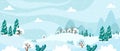 Snowy winter landscape with trees, mountains, fields. Countryside landscape. Winter background. Vector illustration. Royalty Free Stock Photo