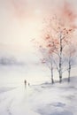 Snowy winter landscape. Watercolor painting. Royalty Free Stock Photo