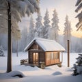 Wooden village house and trees covered with thick snow in the forest. Snowy winter landscape. Royalty Free Stock Photo