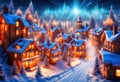 Snowy winter, magical illuminated, Christmas decorated fantasy town