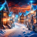 Snowy winter, magical illuminated, Christmas decorated fantasy town