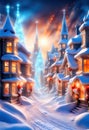 Snowy winter, magical illuminated, Christmas decorated fantasy town