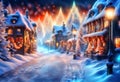 Snowy winter, magical illuminated, Christmas decorated fantasy town