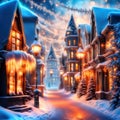 Snowy winter, magical illuminated, Christmas decorated fantasy town