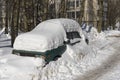 Snow covered the cars parked near the house. Royalty Free Stock Photo