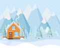 Snowy winter mountains landscape with wooden rural country house, smoke comes from the chimney, light blue trees, spruces, Royalty Free Stock Photo