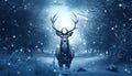 A snowy winter night, a deer stands in a frosty forest generated by AI