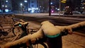 Snowy winter night with escooter or emobility bike sharing concepts in snowy city streets