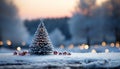 Snowy winter night, glowing Christmas lights illuminate the forest generated by AI Royalty Free Stock Photo