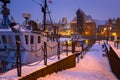 Snowy winter in the old town of Gdansk with frozen Motlawa river, Poland