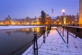 Snowy winter in the old town of Gdansk with frozen Motlawa river, Poland