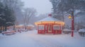 Snowy Winter Park Gazebo Illuminated at Dusk Royalty Free Stock Photo