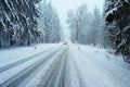Snowy winter road with car. Dangerous car driving in the mountains in the winter. Concept for transportation, cars and travel