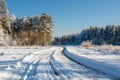 Snowy Winter Road Through a Forest Royalty Free Stock Photo